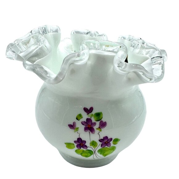 Fenton Glass Silvercrest "Violets in the Snow" Ruffled Bowl Signed C Gearhart - Picture 1 of 6